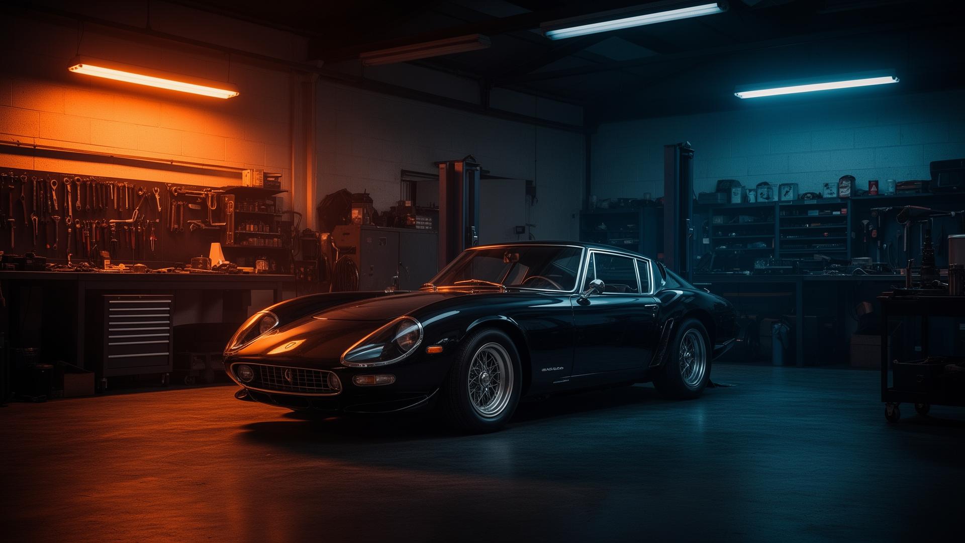 Restored sports car in professional workshop